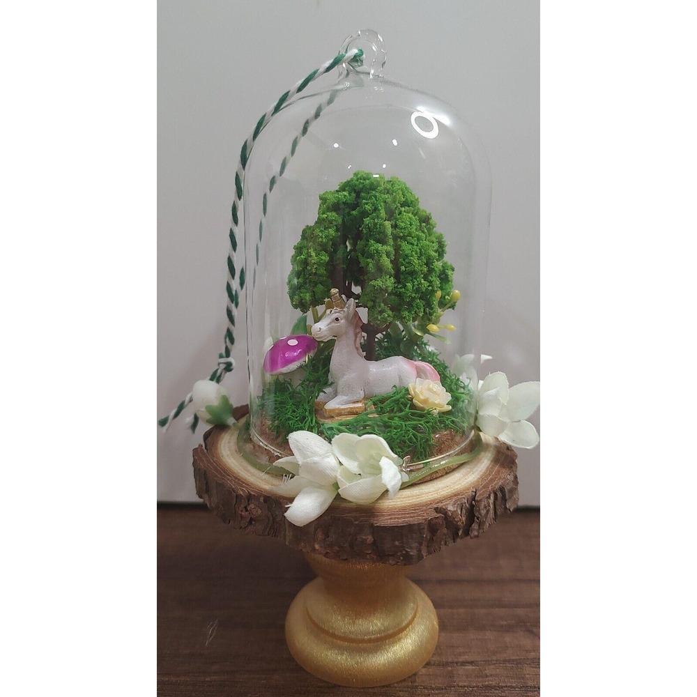 Unicorn Ornament Handmade Dome Cloche Diorama Fairy Garden Mushroom Tree Flowers